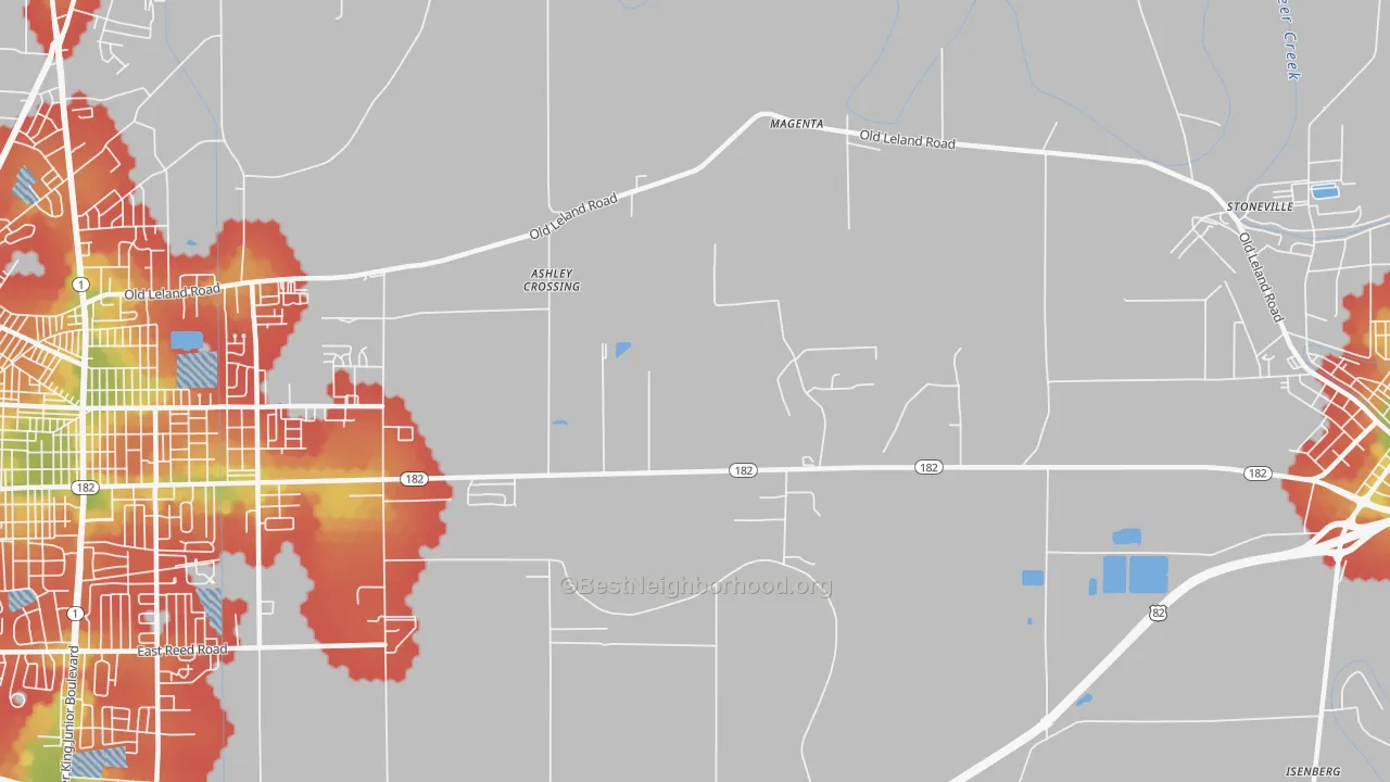 Walk Grade map of Magenta, MS, walkable areas in green and car-dependent areas in red