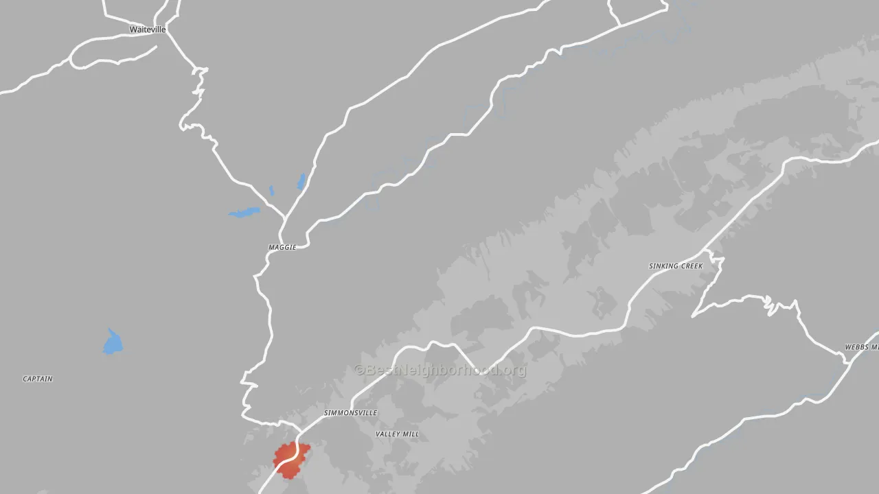 Walk Grade map of Maggie, VA, walkable areas in green and car-dependent areas in red