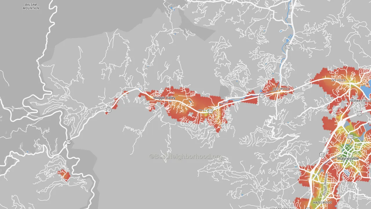 Walk Grade map of Maggie Valley, NC, walkable areas in green and car-dependent areas in red