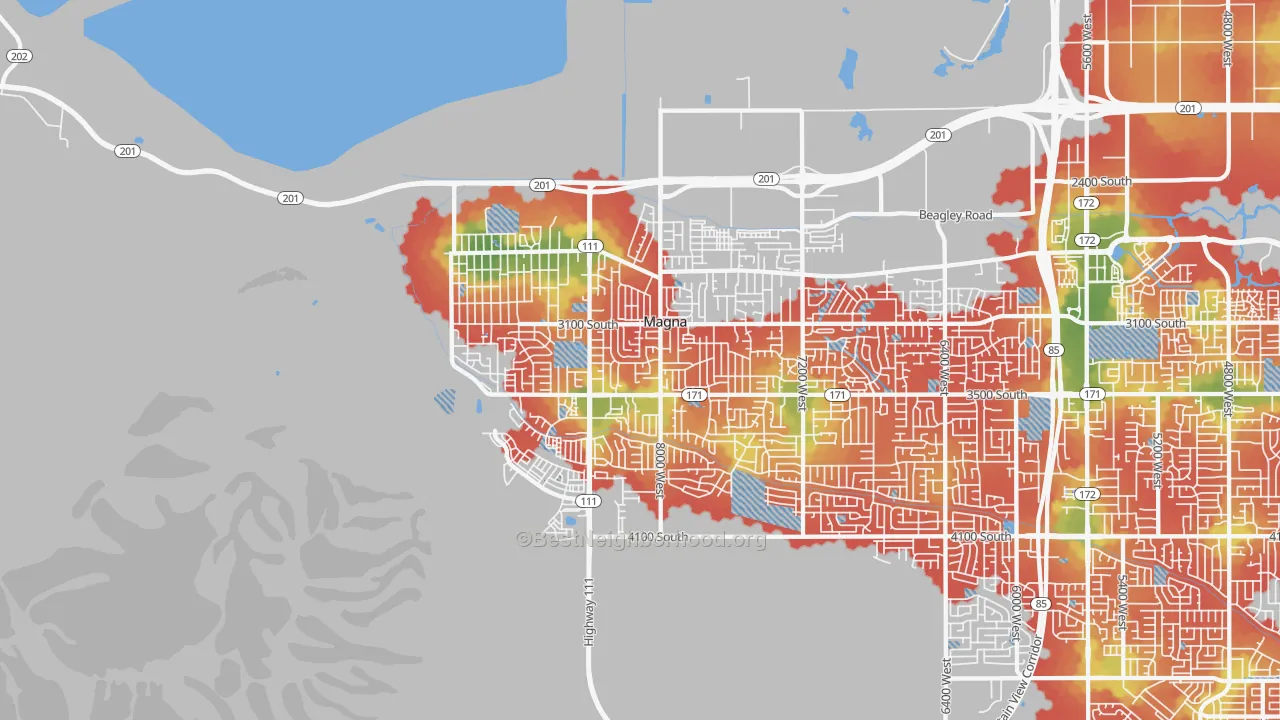 Walk Grade map of Magna, UT, walkable areas in green and car-dependent areas in red