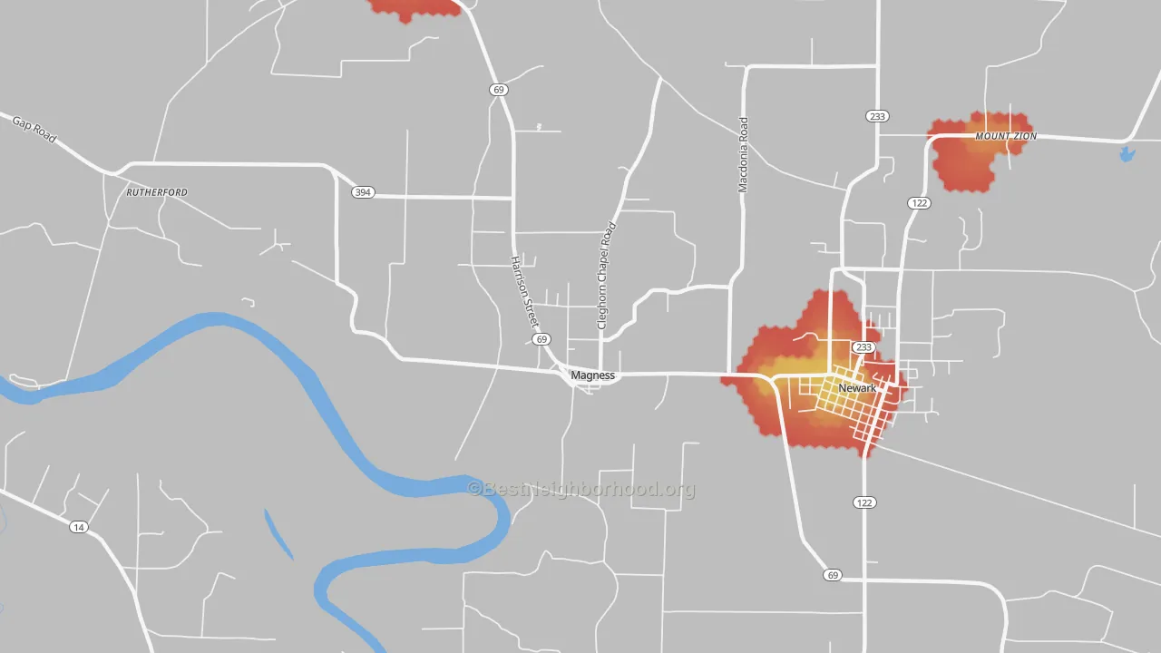 Walk Grade map of Magness, AR, walkable areas in green and car-dependent areas in red
