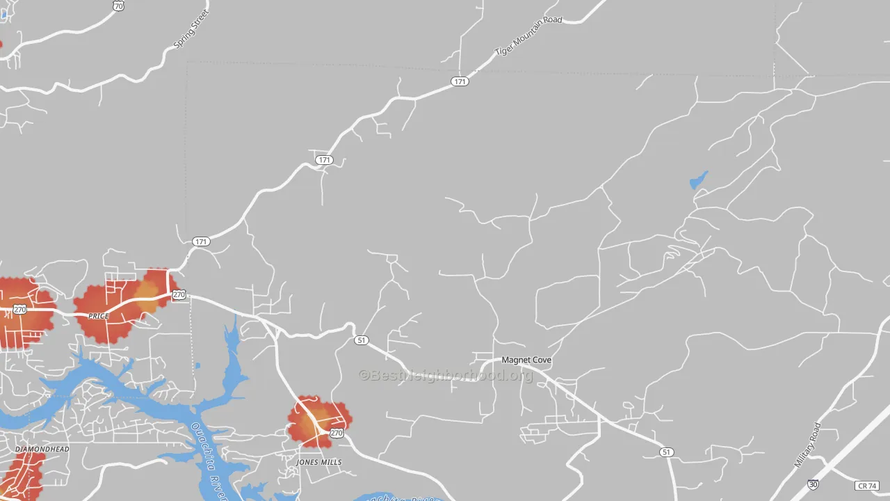 Walk Grade map of Magnet Cove, AR, walkable areas in green and car-dependent areas in red