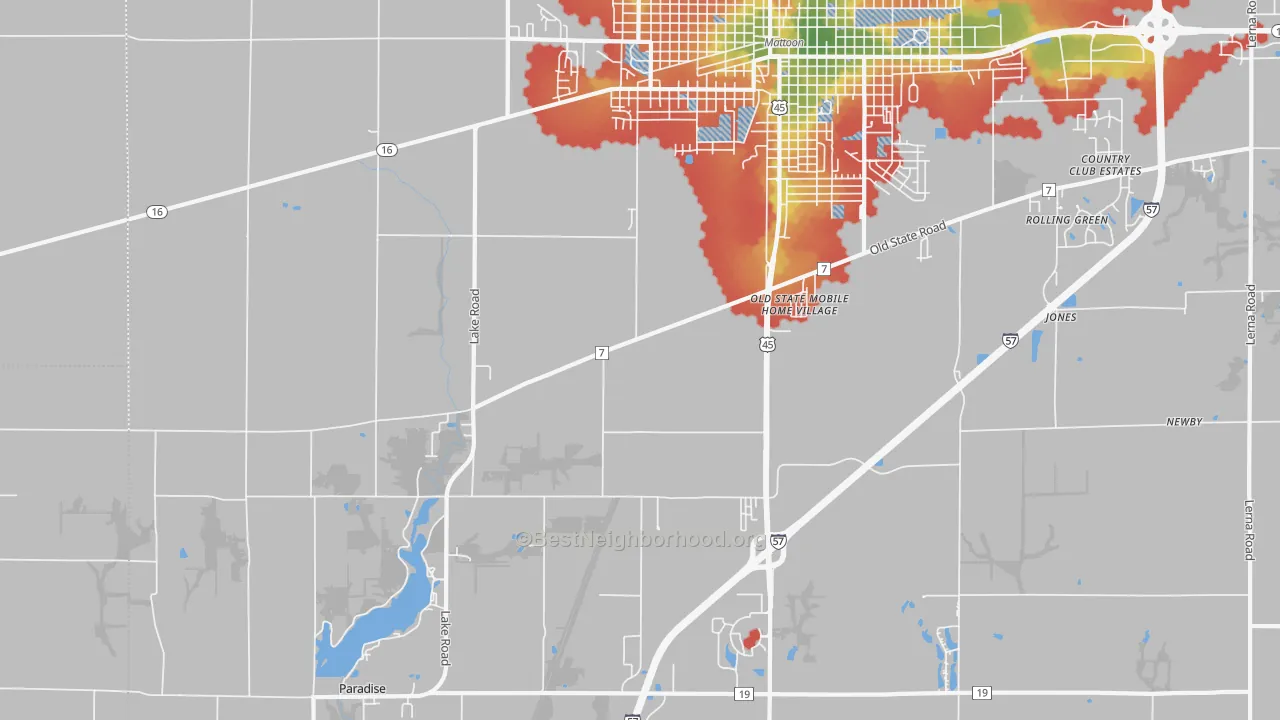 Walk Grade map of Magnet, IL, walkable areas in green and car-dependent areas in red