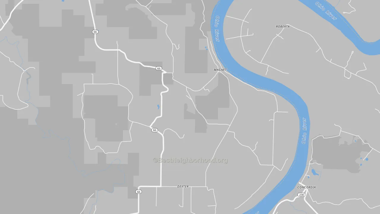 Walk Grade map of Magnet, IN, walkable areas in green and car-dependent areas in red