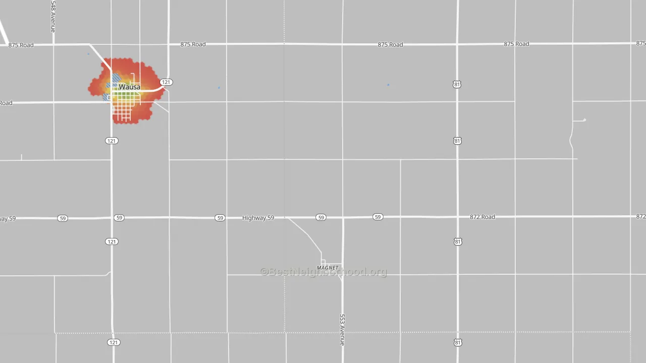 Walk Grade map of Magnet, NE, walkable areas in green and car-dependent areas in red