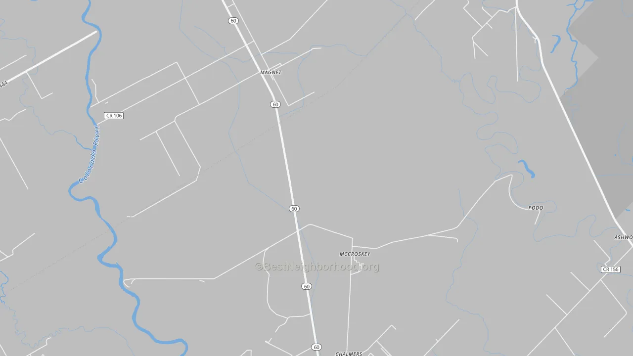 Walk Grade map of Magnet, TX, walkable areas in green and car-dependent areas in red