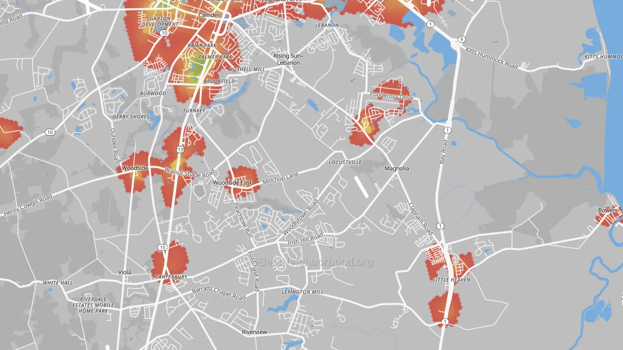 Walk Grade map of Magnolia, DE, walkable areas in green and car-dependent areas in red