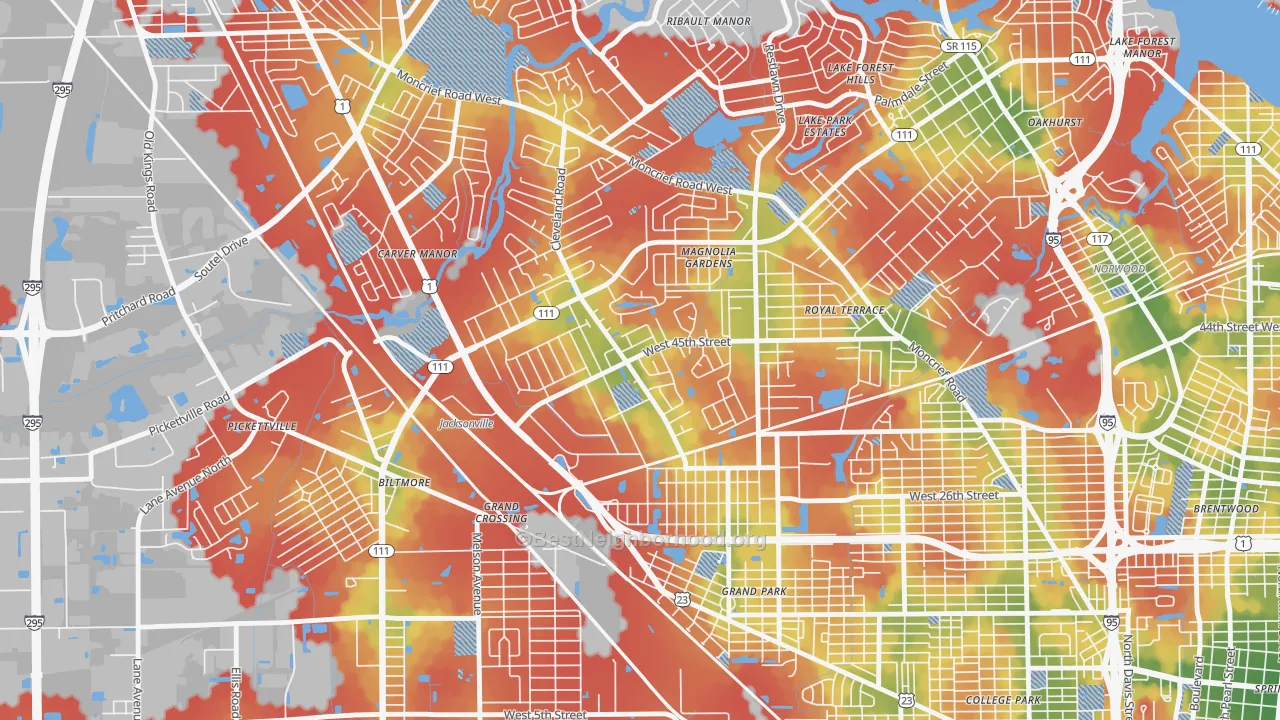Walk Grade map of Magnolia Gardens, Jacksonville, FL, walkable areas in green and car-dependent areas in red
