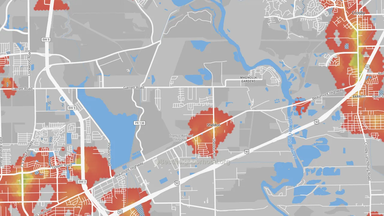 Walk Grade map of Magnolia Gardens, TX, walkable areas in green and car-dependent areas in red