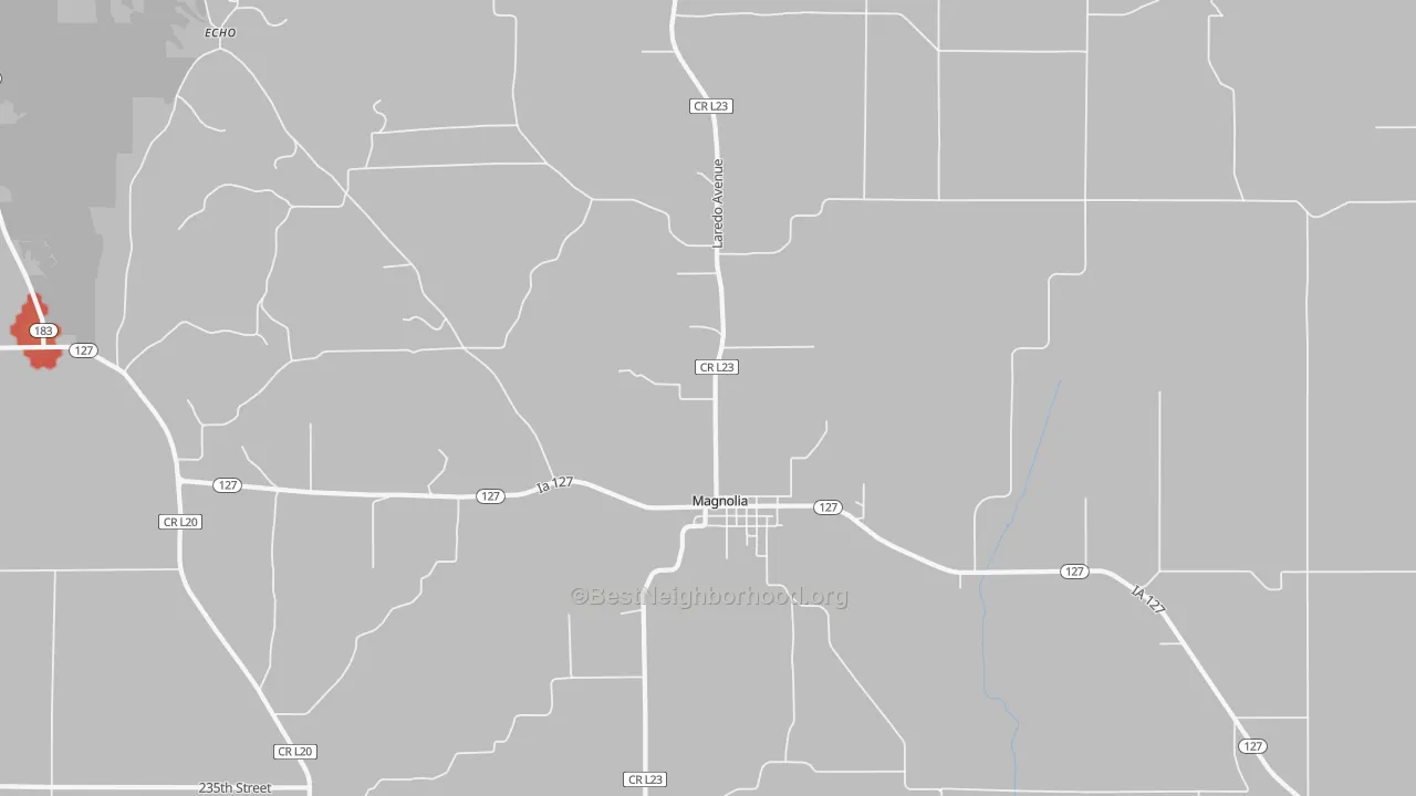 Walk Grade map of Magnolia, IA, walkable areas in green and car-dependent areas in red