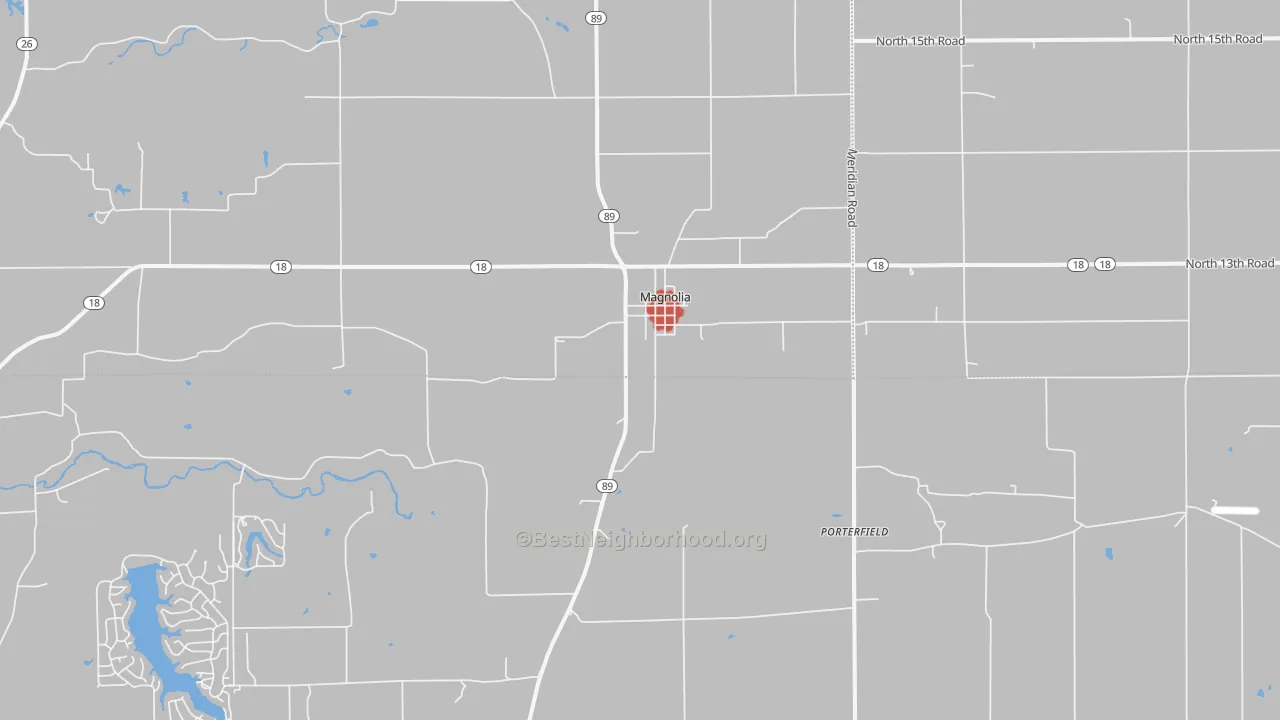 Walk Grade map of Magnolia, IL, walkable areas in green and car-dependent areas in red