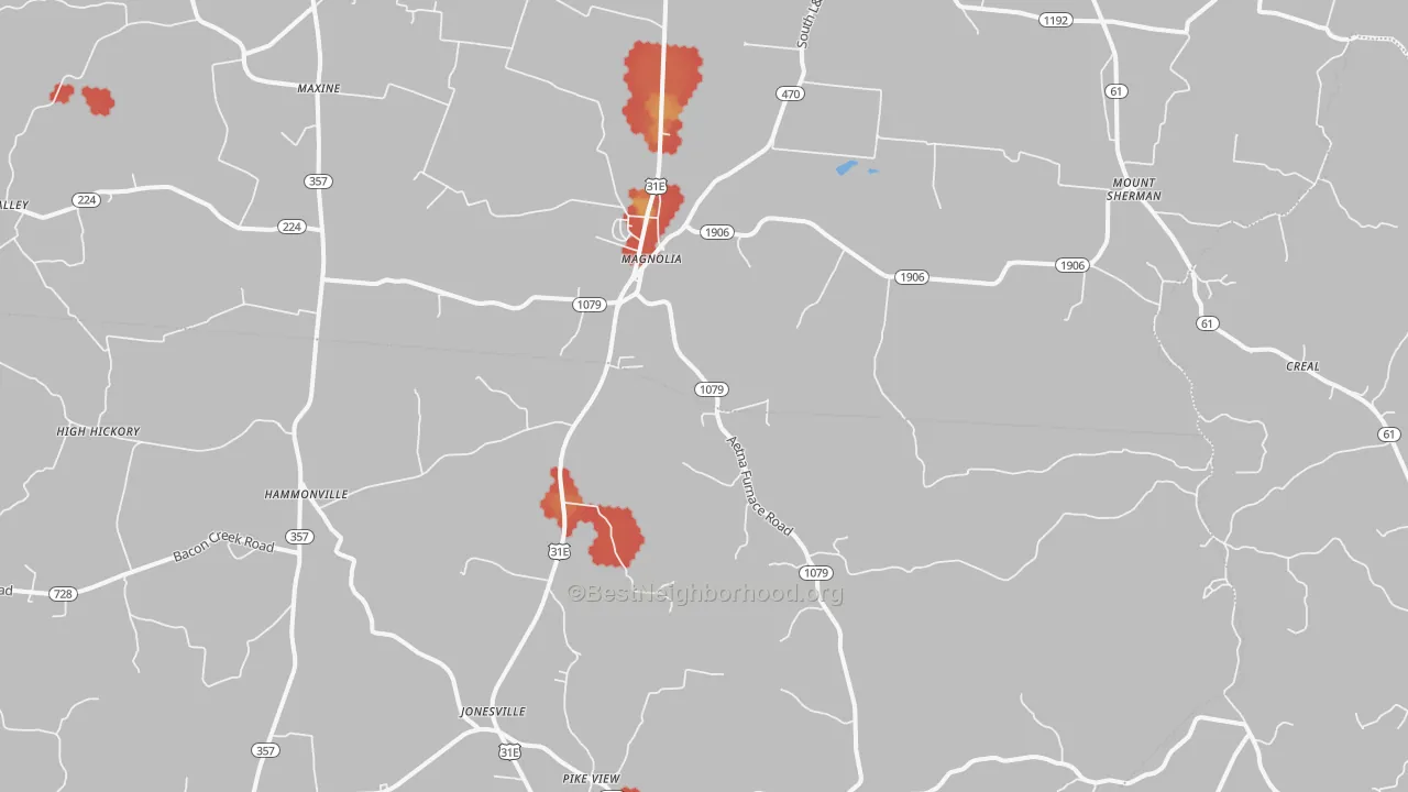 Walk Grade map of Magnolia, KY, walkable areas in green and car-dependent areas in red