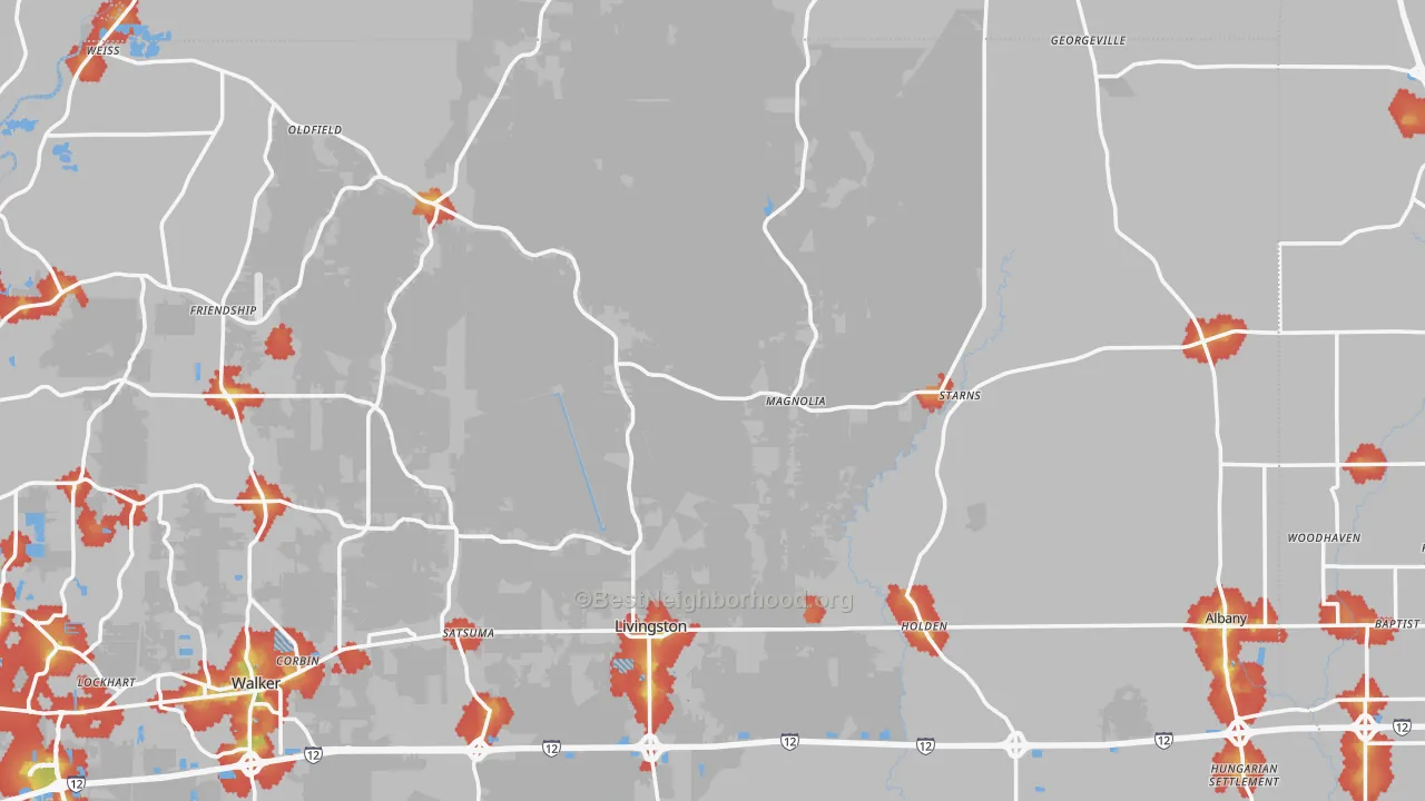 Walk Grade map of Magnolia, LA, walkable areas in green and car-dependent areas in red