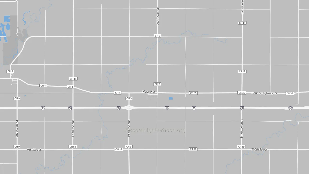 Walk Grade map of Magnolia, MN, walkable areas in green and car-dependent areas in red
