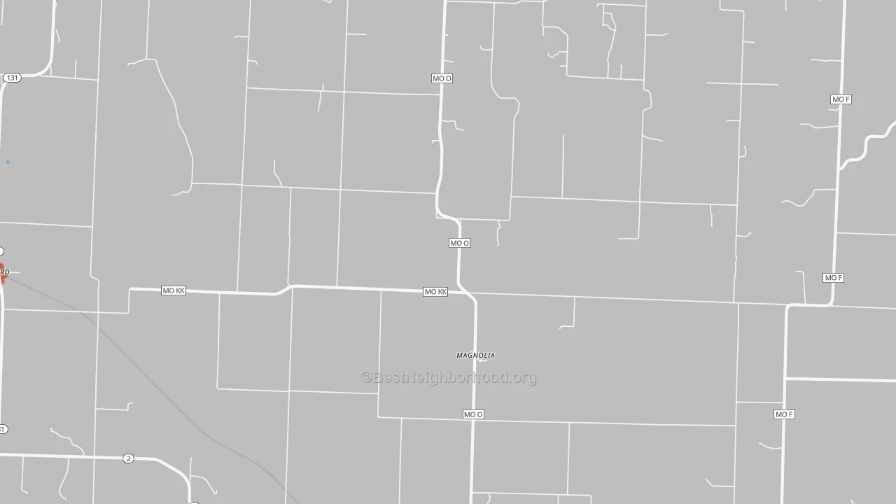Walk Grade map of Magnolia, MO, walkable areas in green and car-dependent areas in red