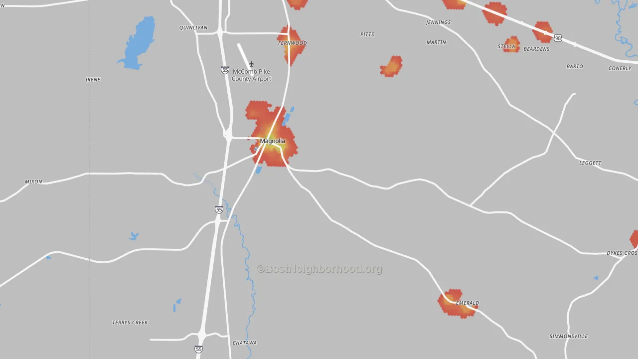 Walk Grade map of Magnolia, MS, walkable areas in green and car-dependent areas in red
