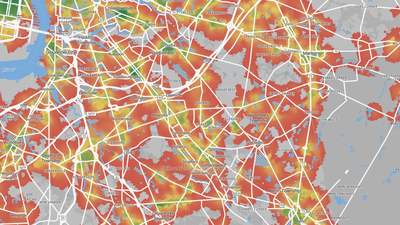 Walk Grade map of Magnolia, NJ, walkable areas in green and car-dependent areas in red