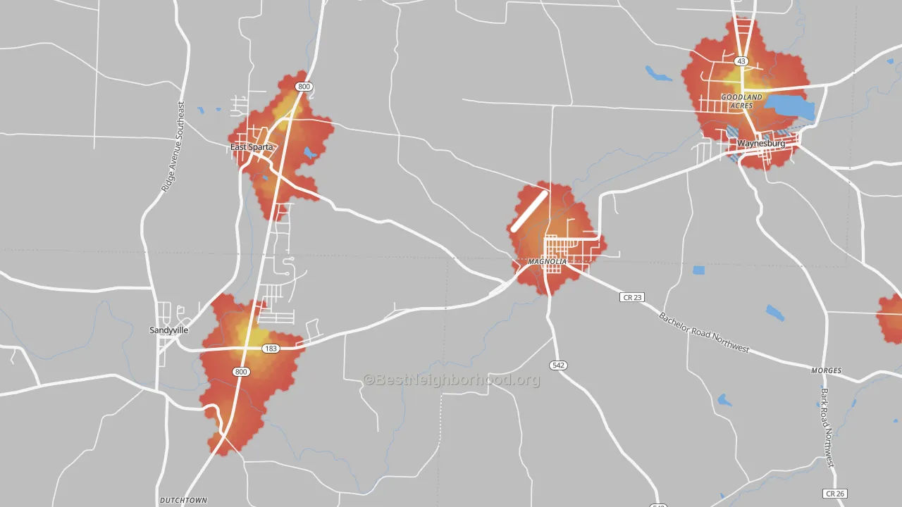 Walk Grade map of Magnolia, OH, walkable areas in green and car-dependent areas in red