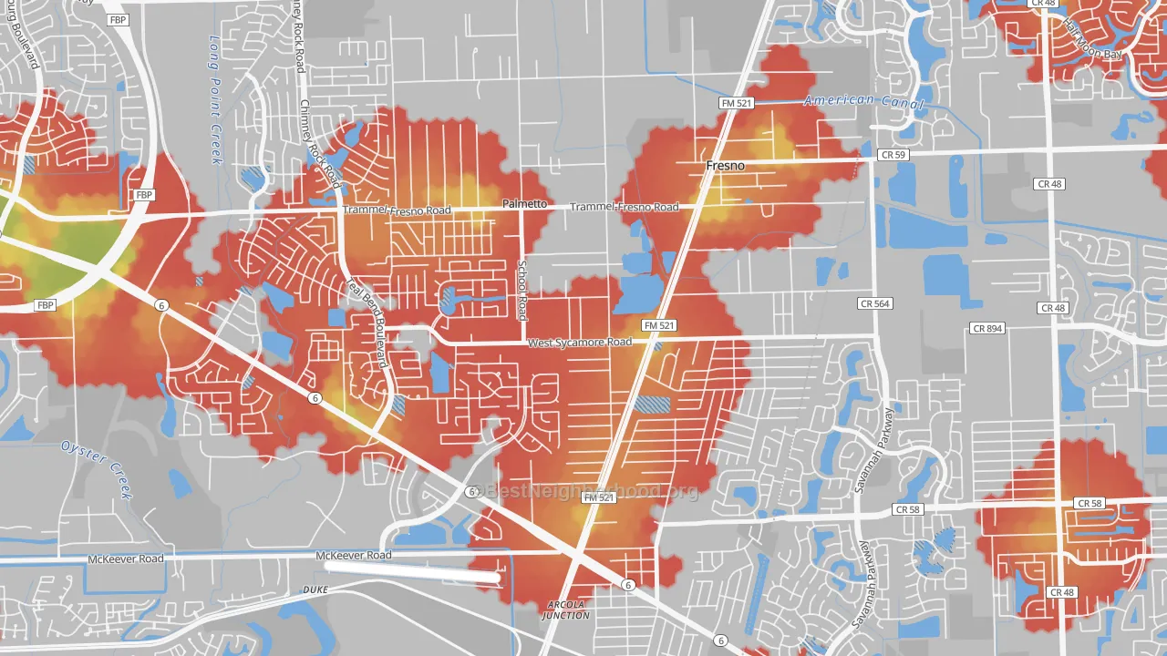 Walk Grade map of Magnolia Place, Fresno, TX, walkable areas in green and car-dependent areas in red