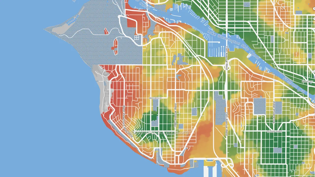 Walk Grade map of Magnolia, Seattle, WA, walkable areas in green and car-dependent areas in red