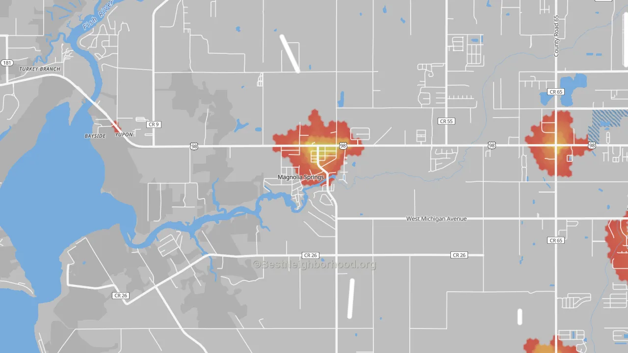 Walk Grade map of Magnolia Springs, AL, walkable areas in green and car-dependent areas in red