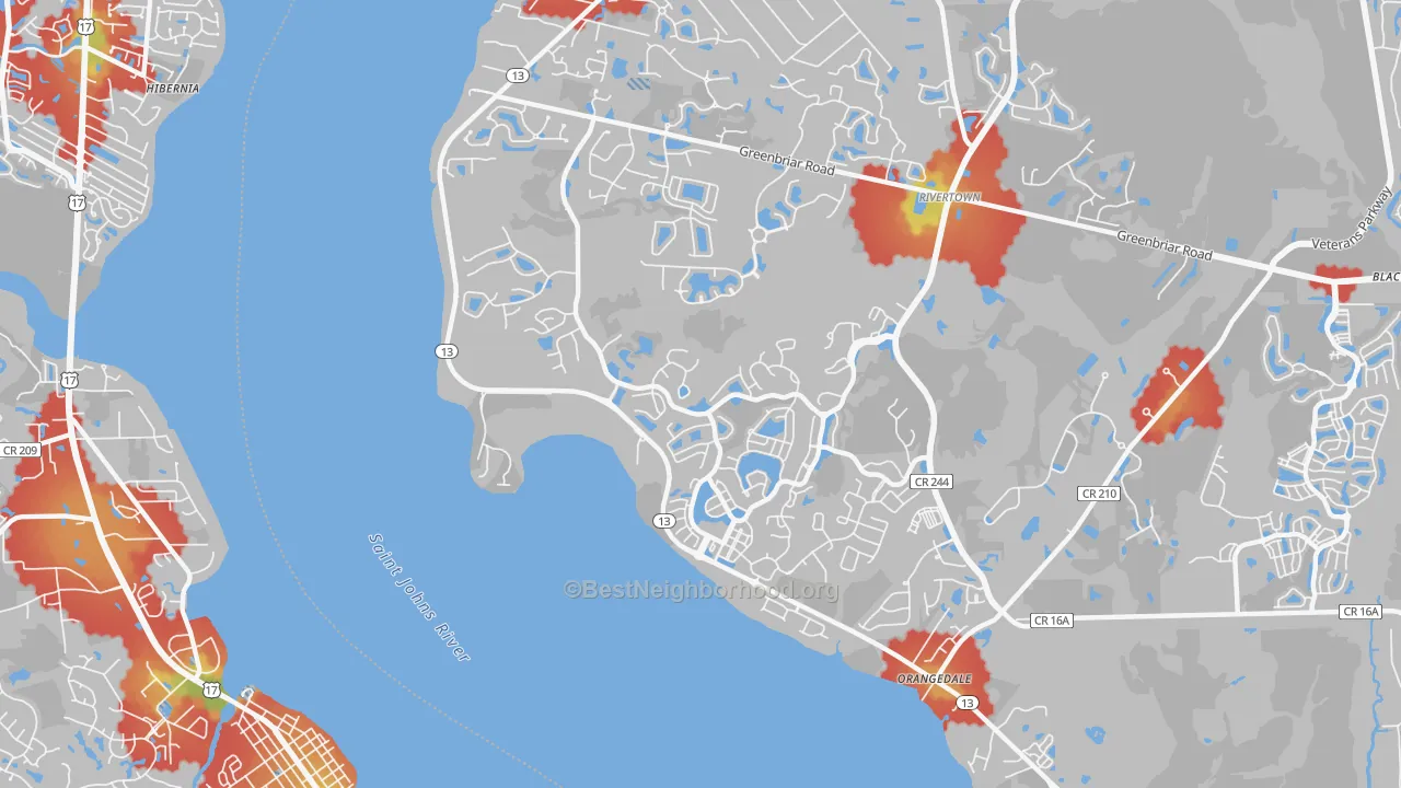 Walk Grade map of Magnolia Springs, FL, walkable areas in green and car-dependent areas in red