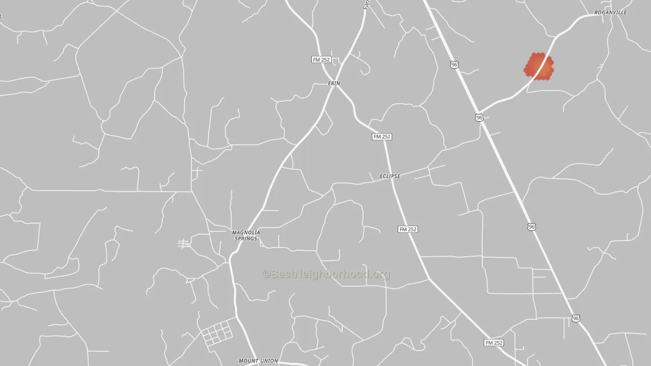 Walk Grade map of Magnolia Springs, TX, walkable areas in green and car-dependent areas in red