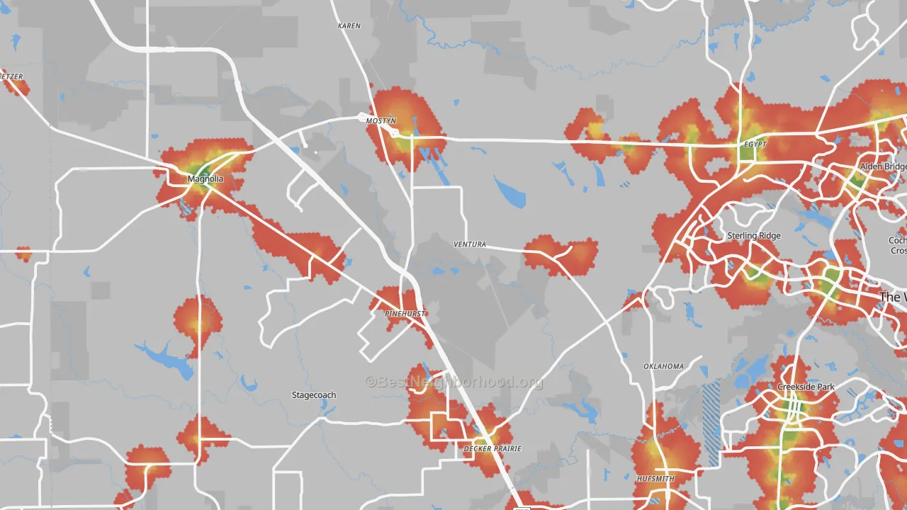 Walk Grade map of Magnolia, TX, walkable areas in green and car-dependent areas in red