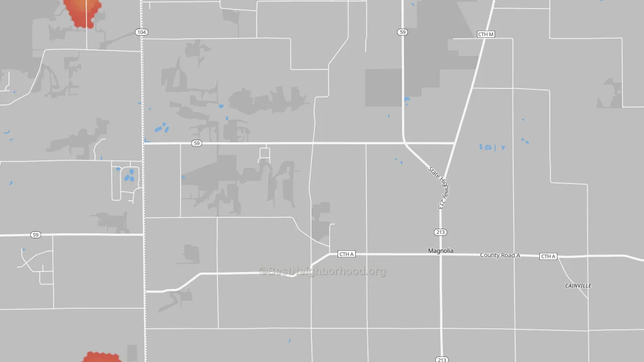 Walk Grade map of Magnolia, WI, walkable areas in green and car-dependent areas in red