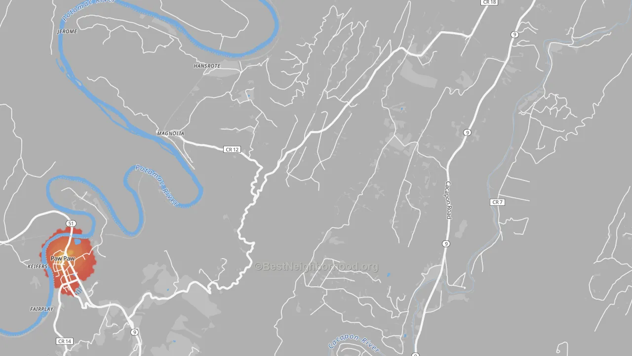 Walk Grade map of Magnolia, WV, walkable areas in green and car-dependent areas in red