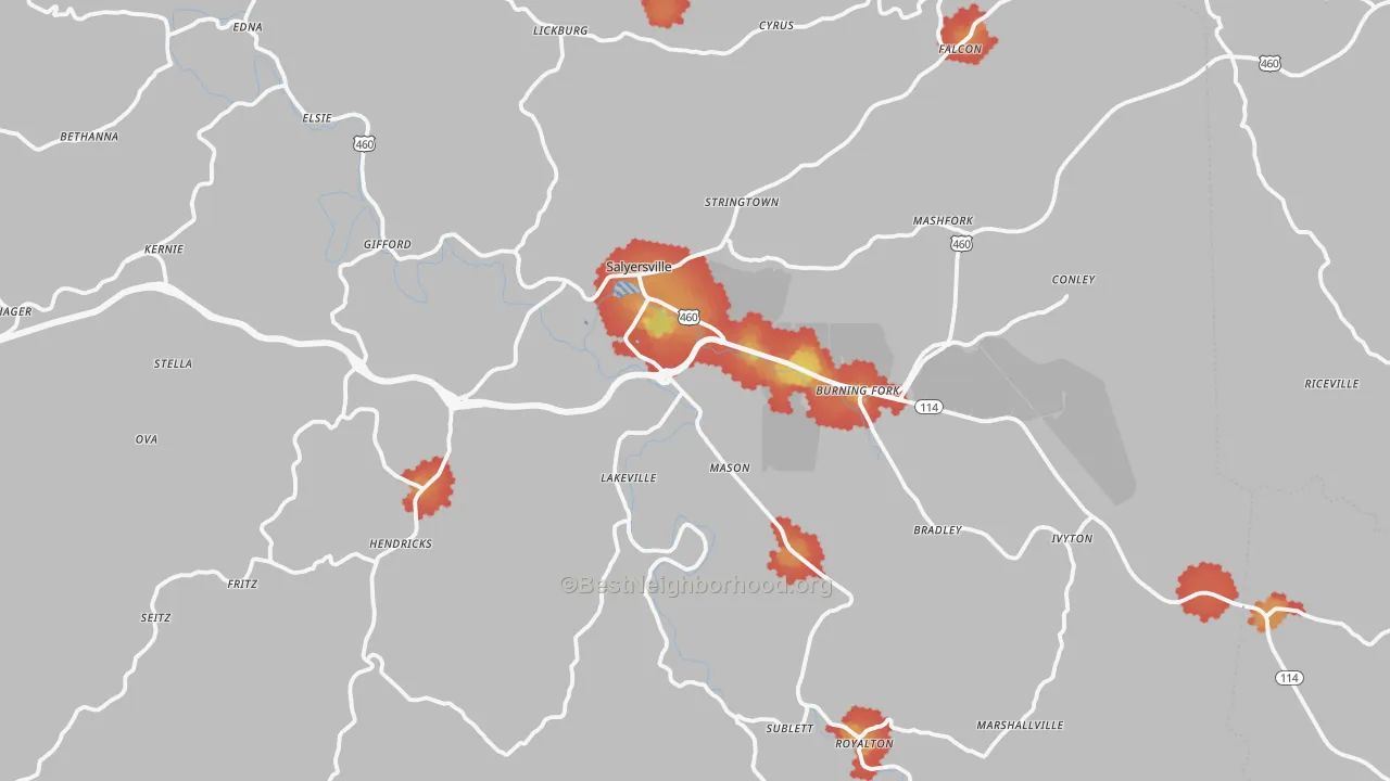 Walk Grade map of Magoffin County, KY, walkable areas in green and car-dependent areas in red