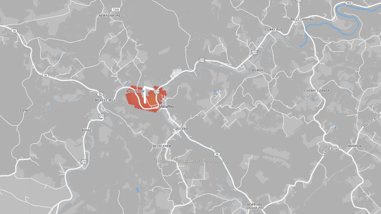 Walk Grade map of Mahaffey, PA, walkable areas in green and car-dependent areas in red