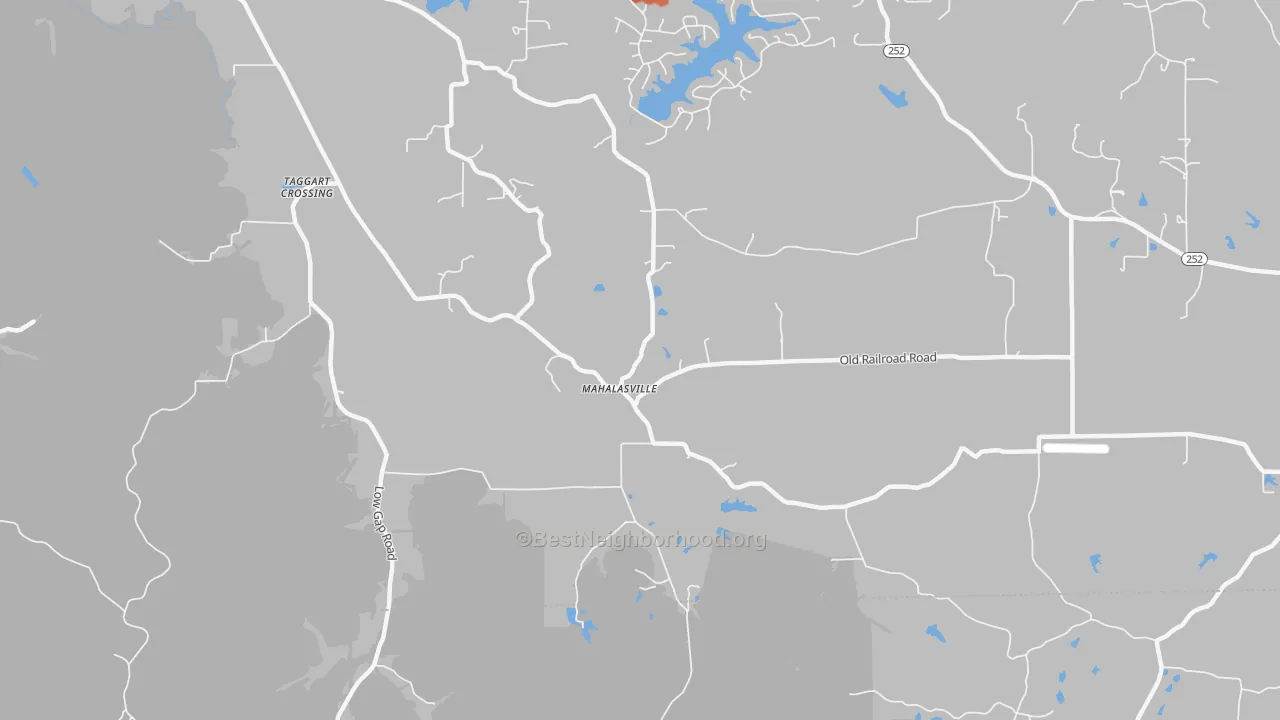 Walk Grade map of Mahalasville, IN, walkable areas in green and car-dependent areas in red