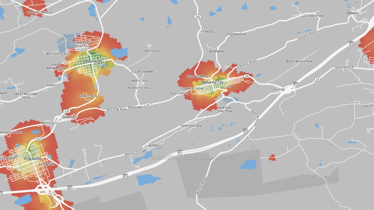 Walk Grade map of Mahanoy City, PA, walkable areas in green and car-dependent areas in red