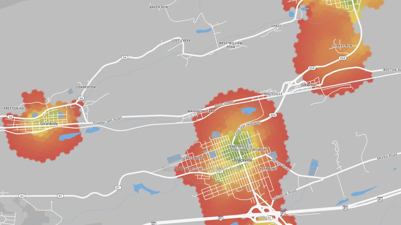 Walk Grade map of Mahanoy Plane, PA, walkable areas in green and car-dependent areas in red