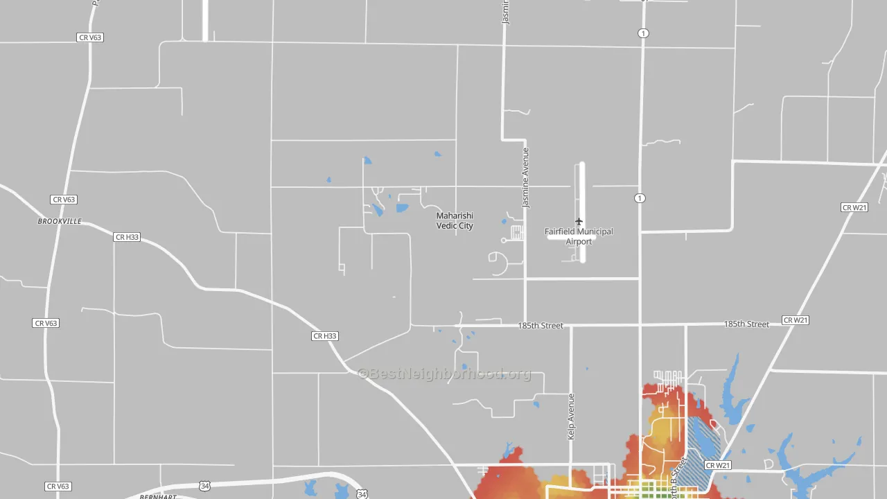 Walk Grade map of Maharishi Vedic City, IA, walkable areas in green and car-dependent areas in red