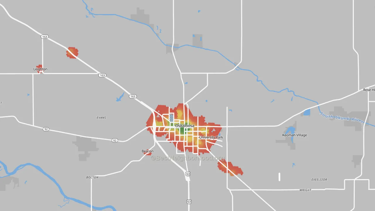 Walk Grade map of Mahaska County, IA, walkable areas in green and car-dependent areas in red