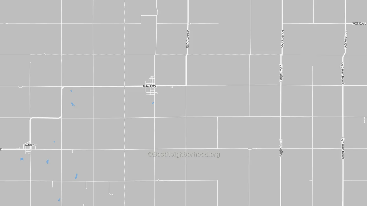 Walk Grade map of Mahaska, KS, walkable areas in green and car-dependent areas in red