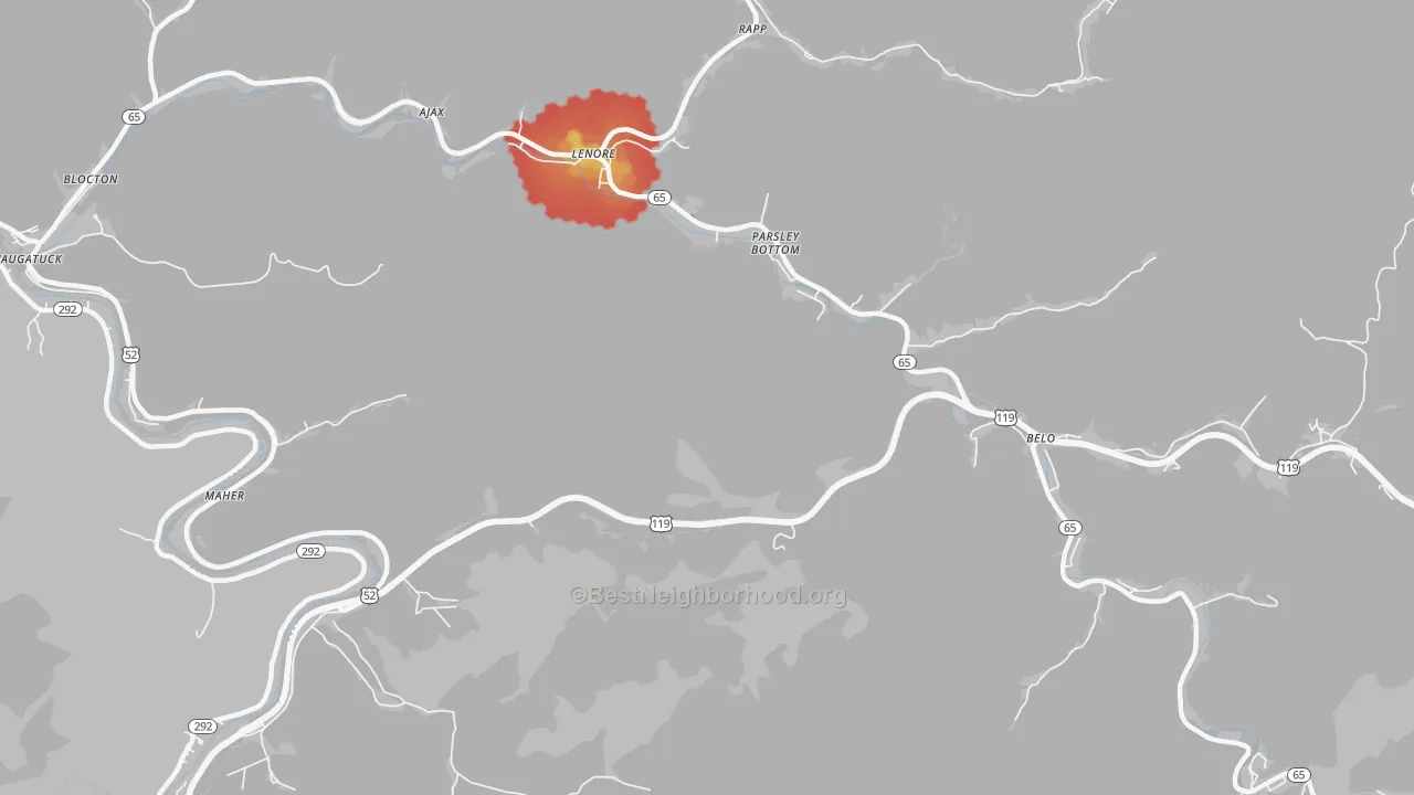 Walk Grade map of Maher, WV, walkable areas in green and car-dependent areas in red