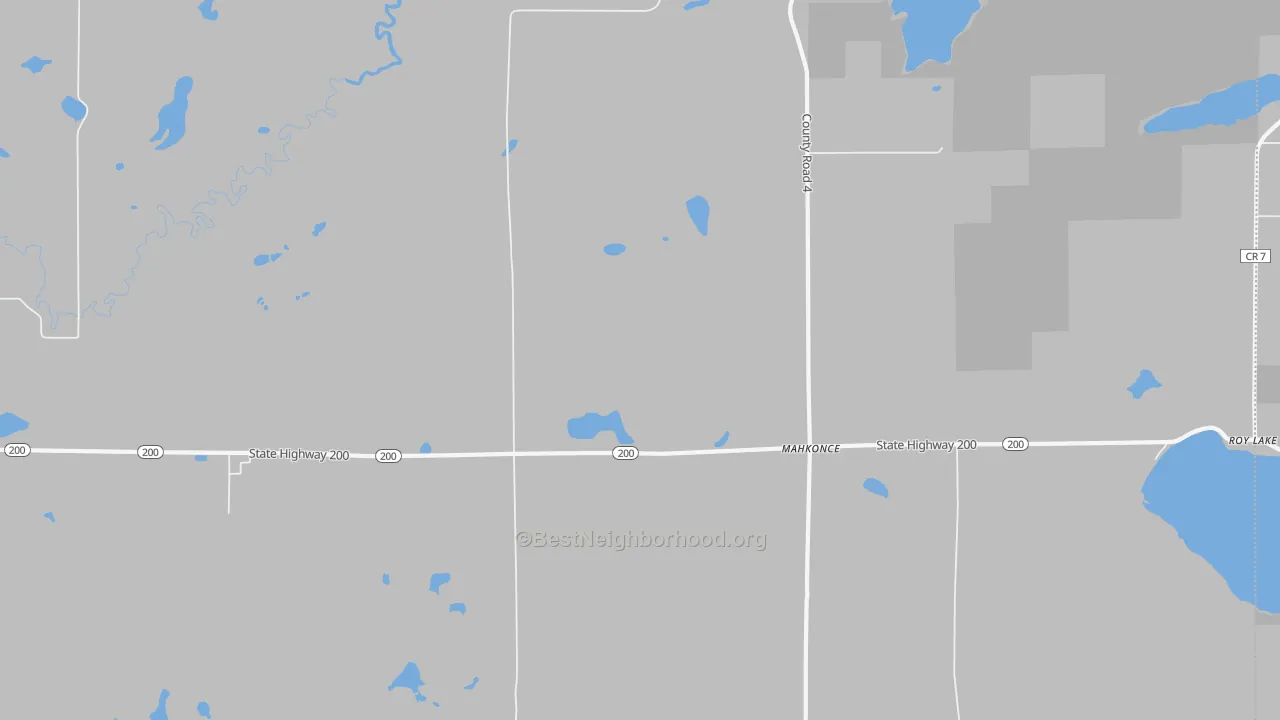 Walk Grade map of Mahkonce, MN, walkable areas in green and car-dependent areas in red