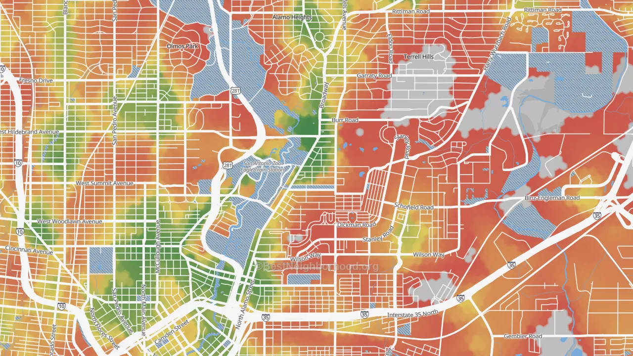 Walk Grade map of Mahncke Park, San Antonio, TX, walkable areas in green and car-dependent areas in red