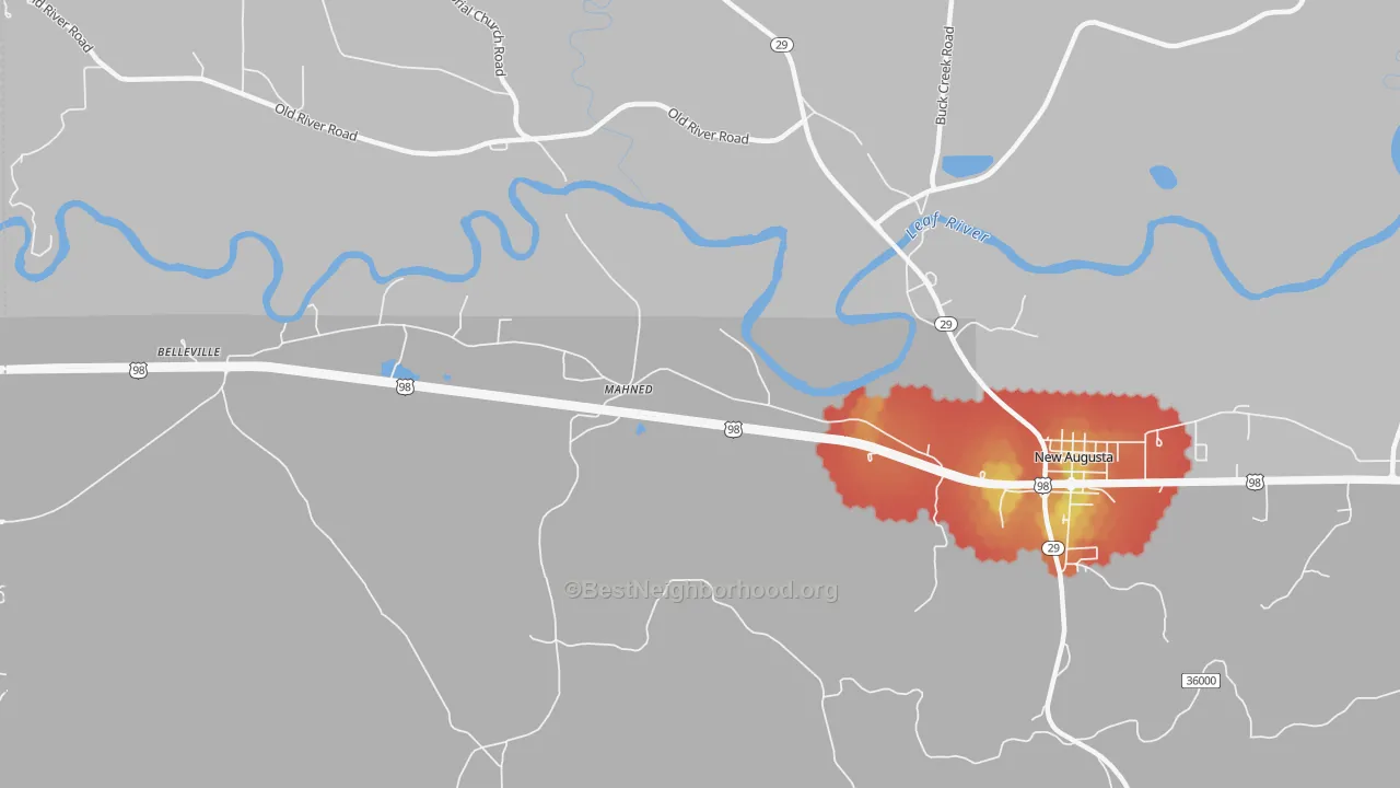 Walk Grade map of Mahned, MS, walkable areas in green and car-dependent areas in red