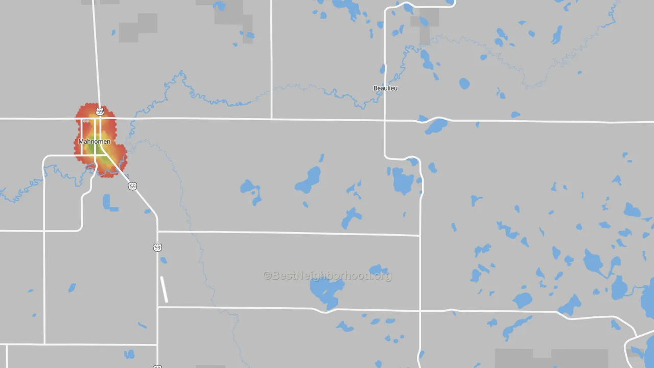 Walk Grade map of Mahnomen County, MN, walkable areas in green and car-dependent areas in red