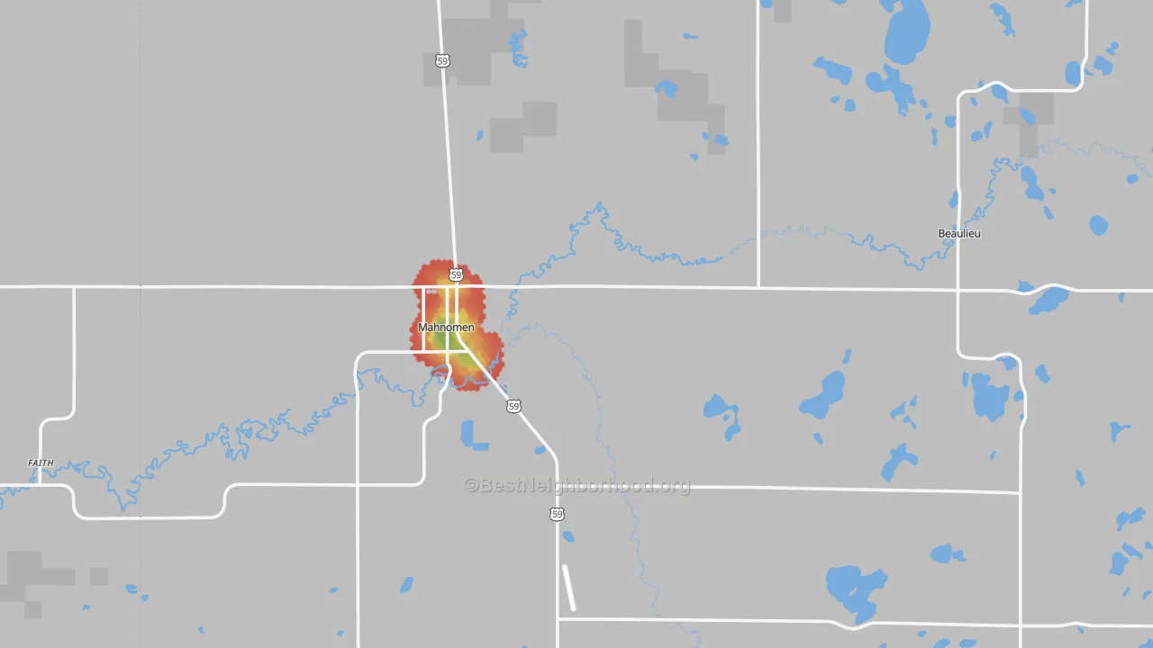 Walk Grade map of Mahnomen, MN, walkable areas in green and car-dependent areas in red