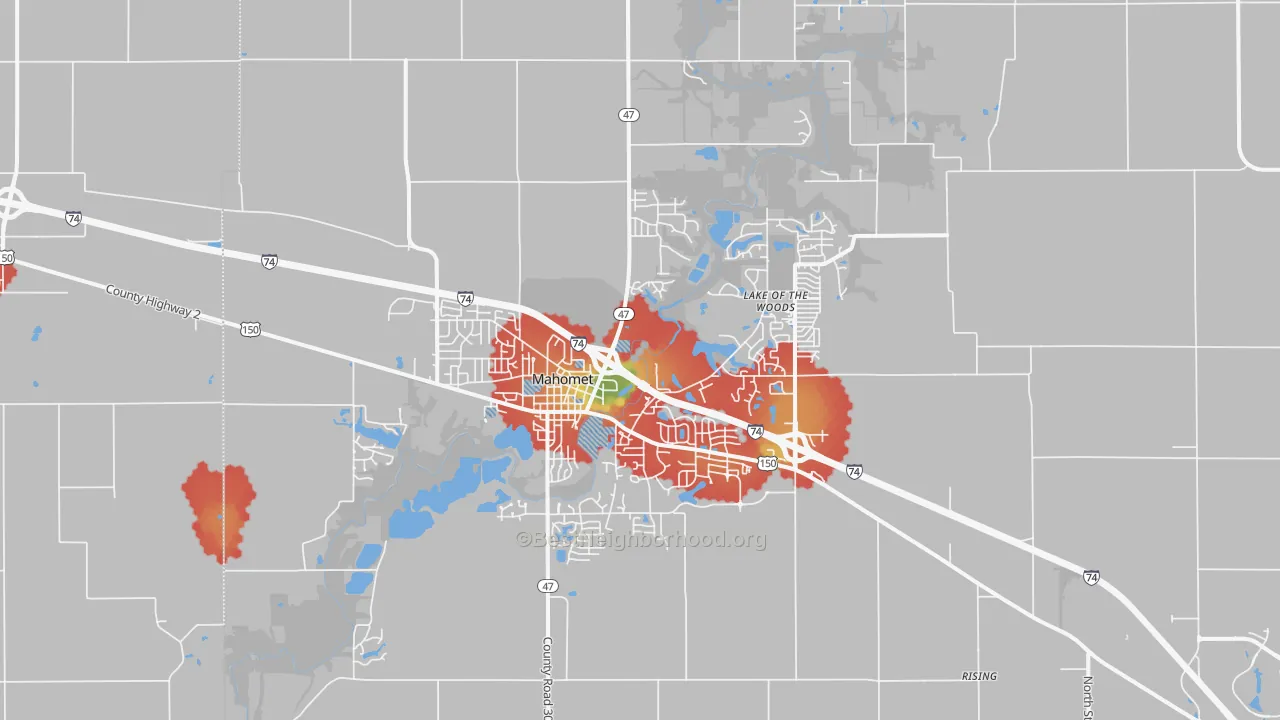 Walk Grade map of Mahomet, IL, walkable areas in green and car-dependent areas in red