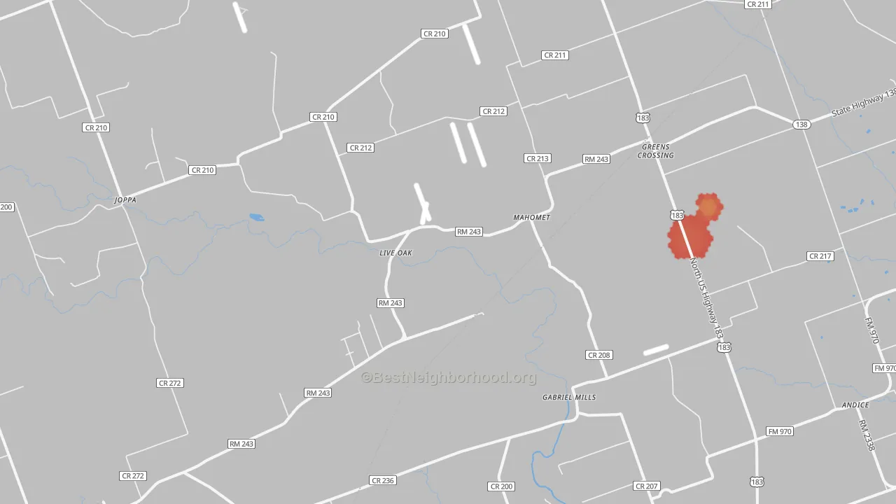 Walk Grade map of Mahomet, TX, walkable areas in green and car-dependent areas in red