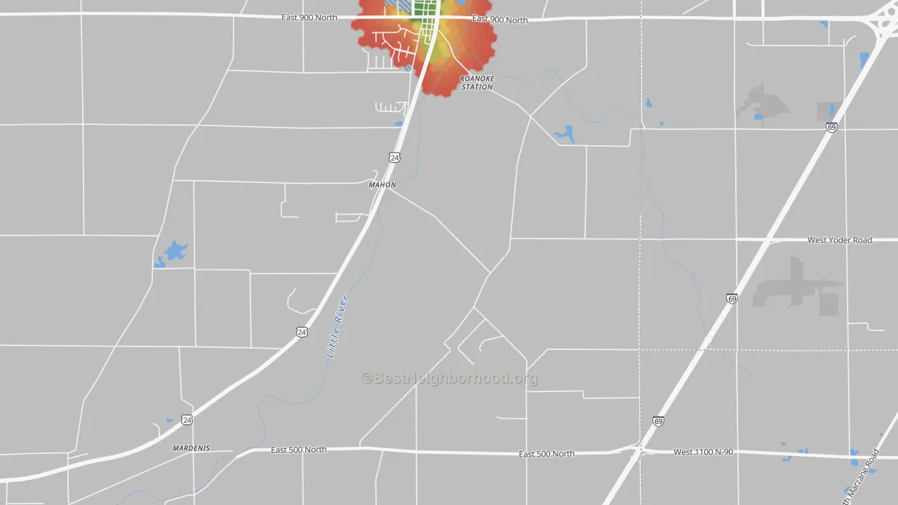 Walk Grade map of Mahon, IN, walkable areas in green and car-dependent areas in red