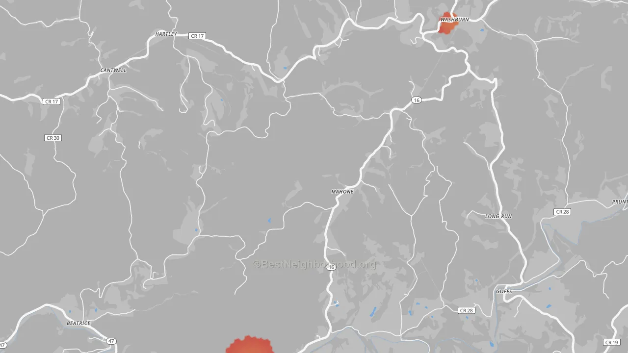 Walk Grade map of Mahone, WV, walkable areas in green and car-dependent areas in red
