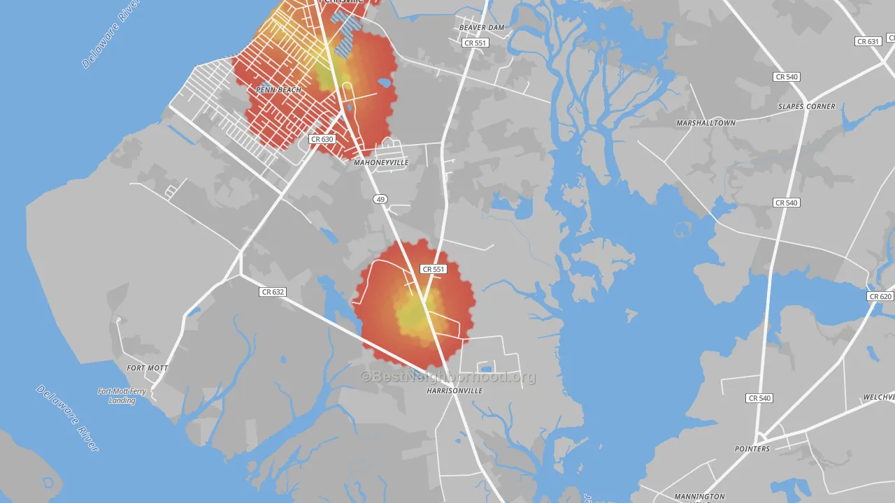 Walk Grade map of Mahoneyville, NJ, walkable areas in green and car-dependent areas in red