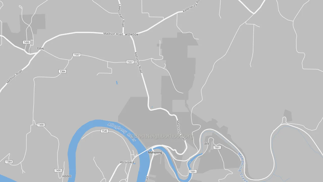 Walk Grade map of Mahoning, PA, walkable areas in green and car-dependent areas in red